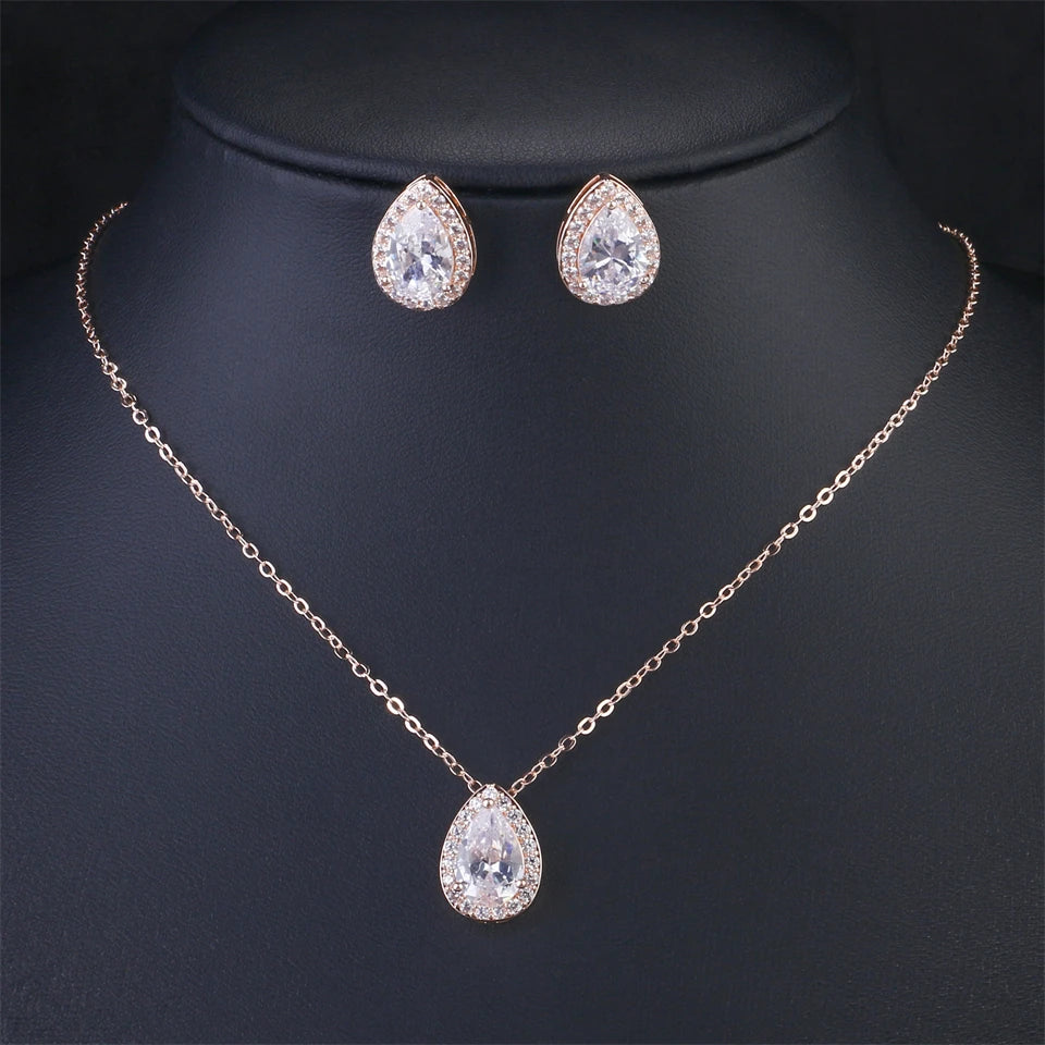 ZAKOL Classic Water Drop Zirconia Wedding Jewelry Set for Women Shiny AAA Cubic Zircon Earrings Necklace Jewelry Sets Gift
