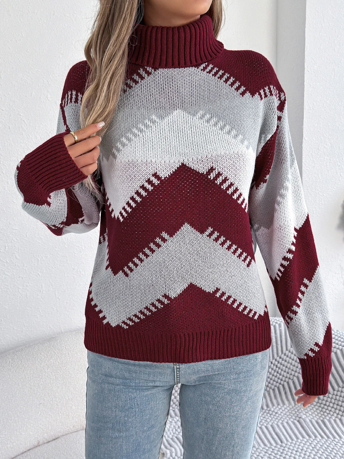 Autumn Winter Casual Turtleneck Color Block Knitted Sweater for Women 2026 Fashion Lantern Long Sleeve Pullover Warm Knitwear