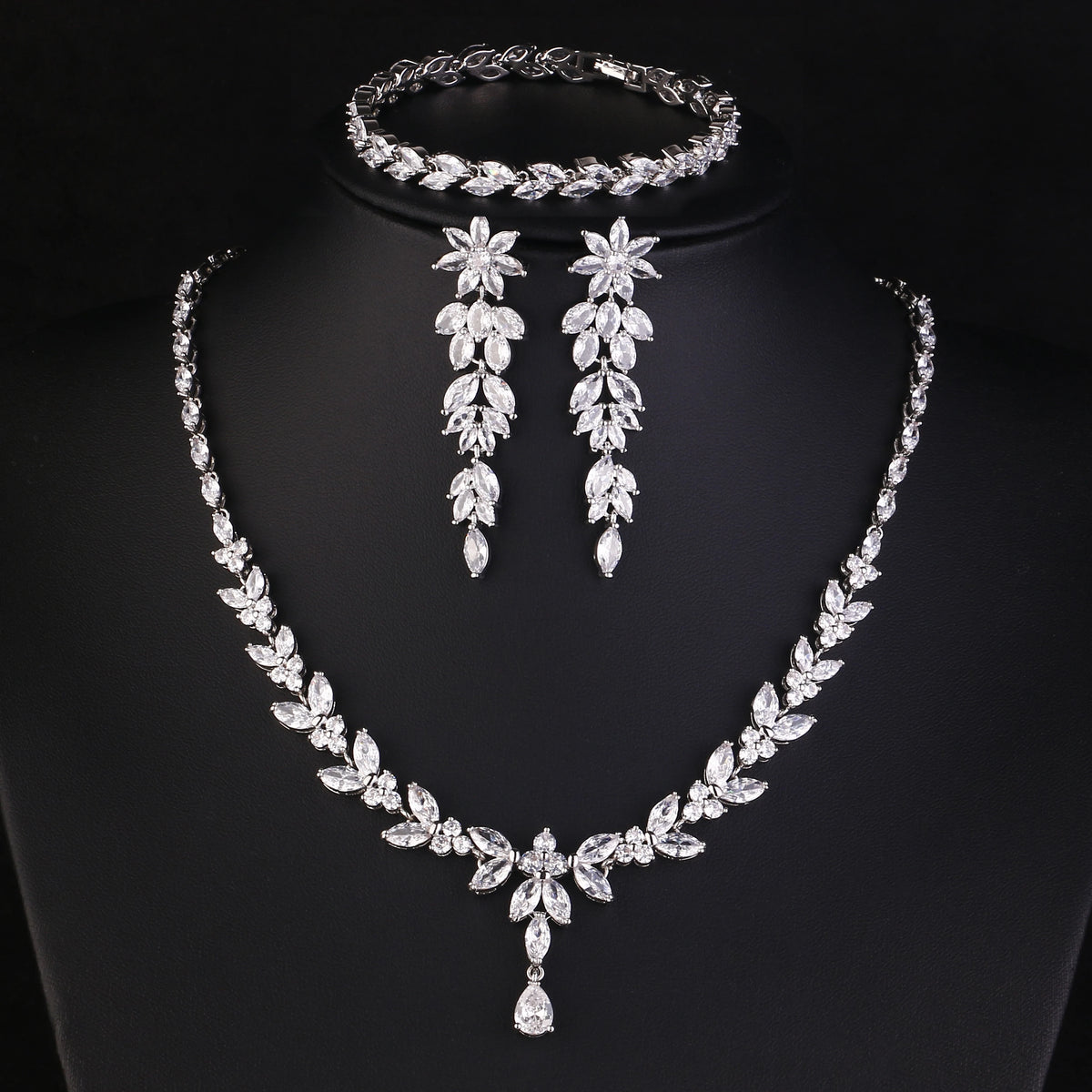ZAKOL Luxury Brilliant Zirconia Leaf Necklace Earrings Rings Bracelets Set for Women CZ Drop Bridal Wedding Jewelry Sets