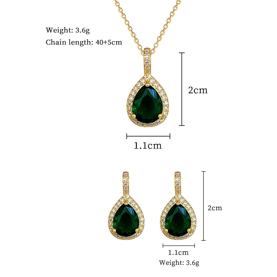 ZAKOL Exquisite Stainless Steel Green Water Droplet Inlay Zircon Pendant Necklace Earrings Set Trend Jewelry Gift for Women