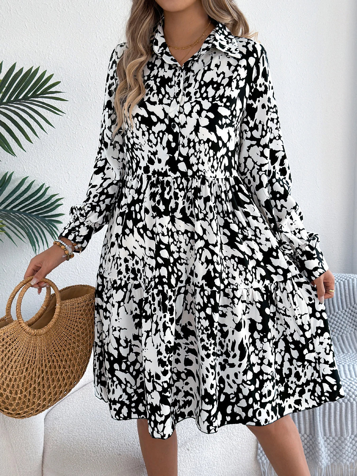 Spring Autumn Casual Vacation Single Breasted Turn Down Collar Long Sleeved Leopard Print Dresses for Women