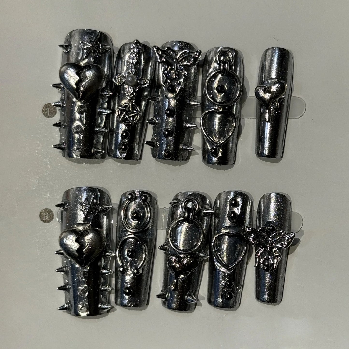 10Pcs/set Metallic Dark Handmade Press on Nail Set French Cool Hot Girl Fake Nails Coffin Full Cover Manicure Wearable Nail Tips