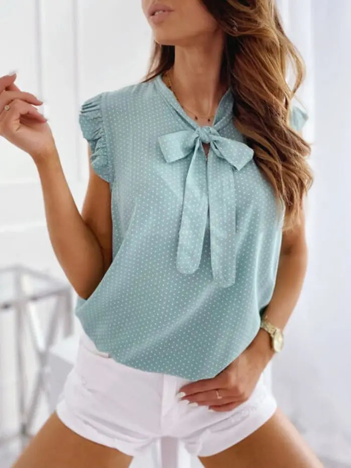 Women Summer Elegant Ruffles Sleeveless Polka Pot Lace Up Tie Bow Blouses and Shirts Casual Oversize Tops Sexy Pullover Tunic