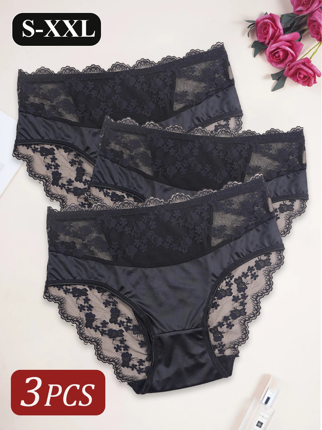 3PCS Black Lace Seamless Satin Underwear Elegant Women's Panties Hollow Out Lace Floral Design Sexy Briefs Breathable Lingerie