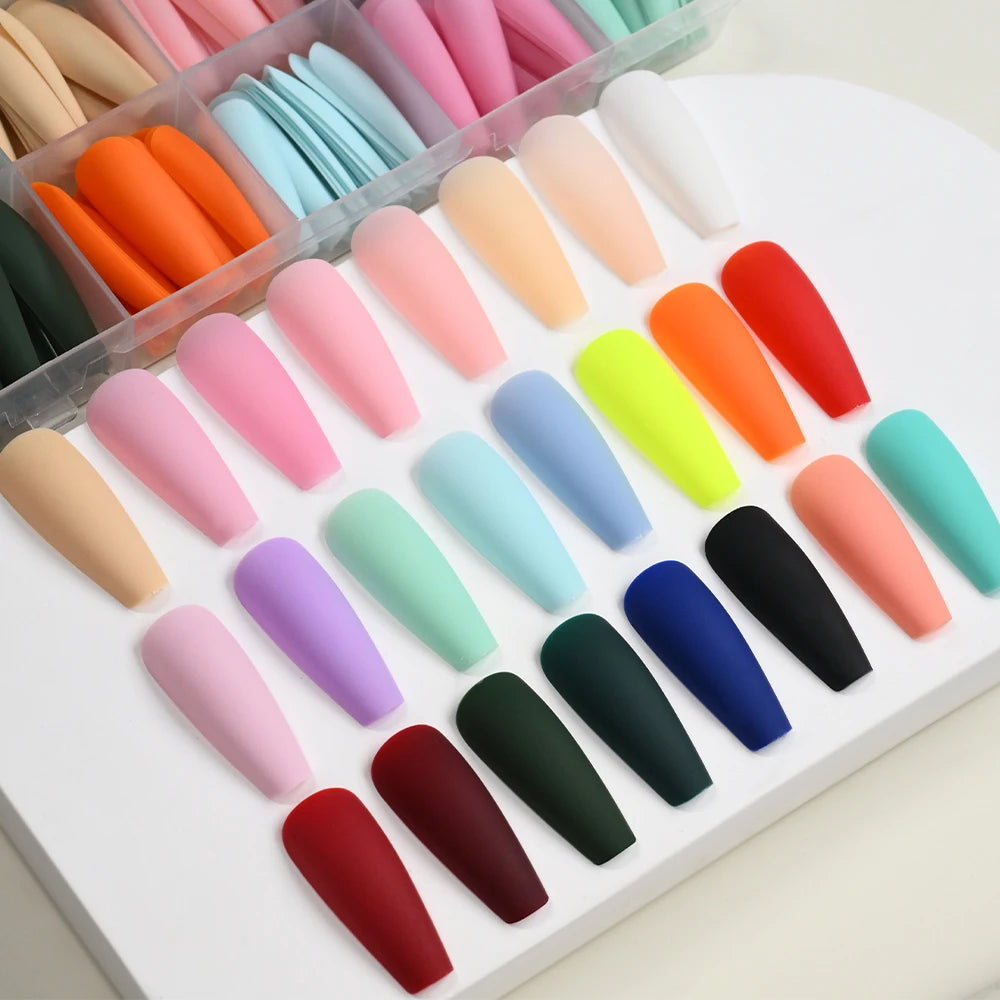 576pcs/box Frosted Colorful Long Coffin Fake Nails Acrylic Square Full Cover False Nails for Women DIY Press On Nails Extension