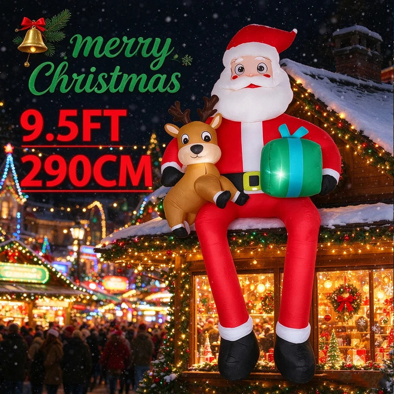9.5FT Inflatable Santa Claus Sitting on Roof,Blow Up Santa Holding Reindeer Gift Box,Outdoor Yard Christmas Holiday Decorations