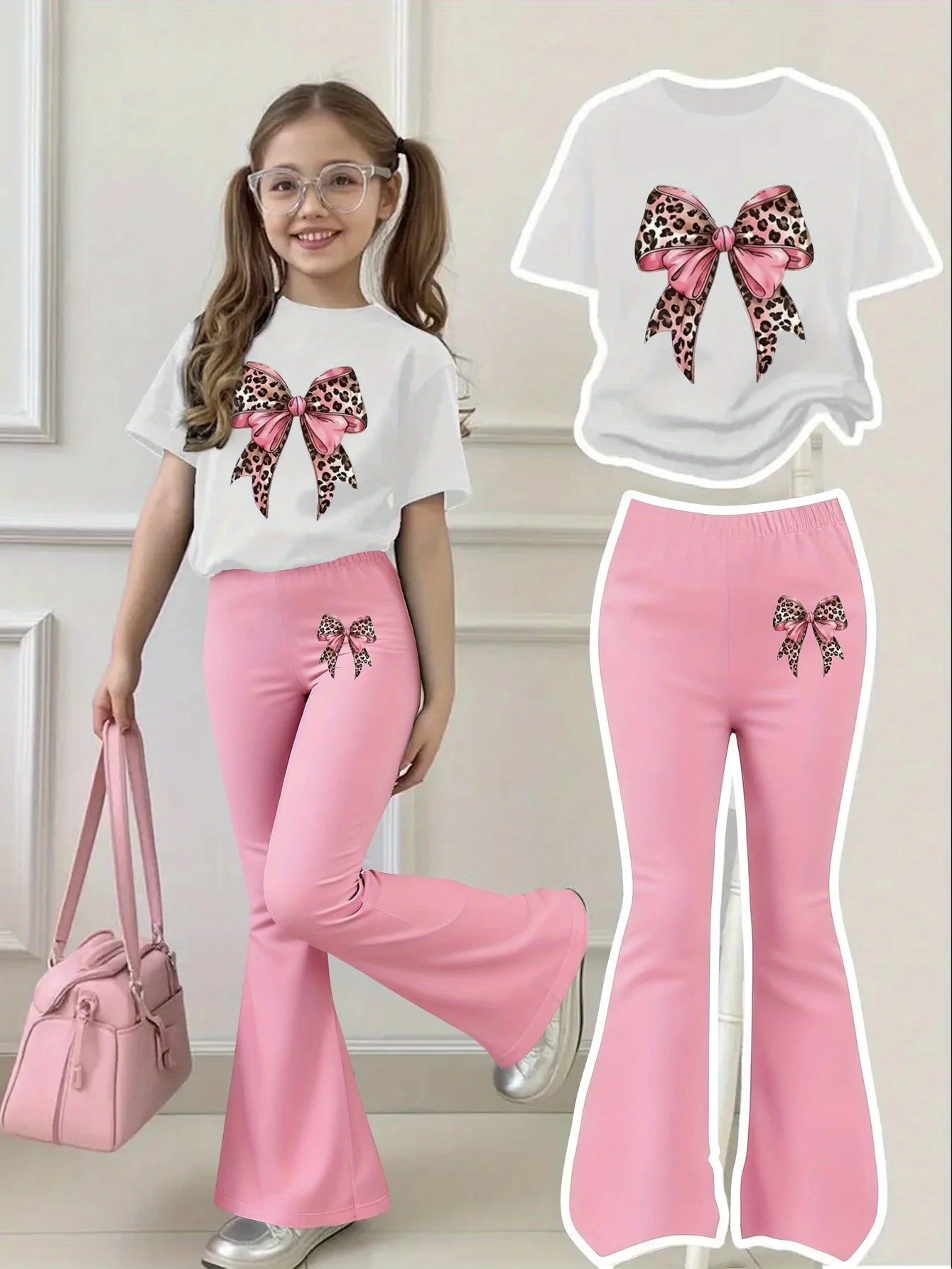 Sweet and Cool Leopard Print Bow Suit for Girls Aged 4-12, White Short-Sleeved Top with Pink Leopard Print Large Bow Paired with Pink Bell-Bottom Pants, Casual and Breathable for Outdoor Wear, Sweet and Cool