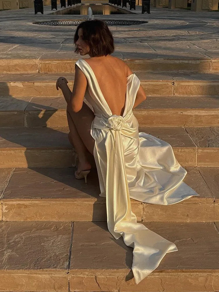 Elegant Satin Backless Spliced Floral Evening Gowns For Women Chic Sleeveless High Slit Slim Dresses Summer Holiday Party Dress