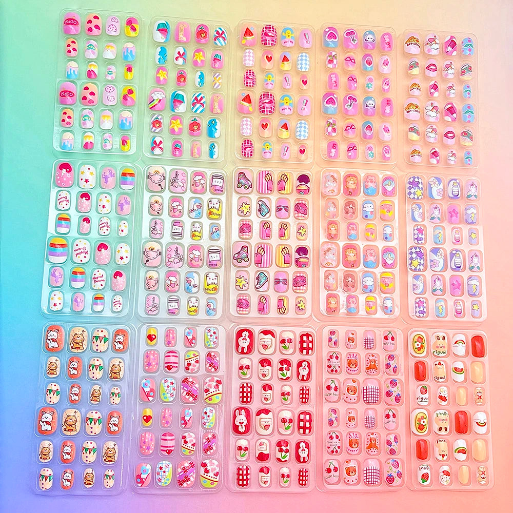120Pcs Cartoon False Nails for Girls Kawaii Acrylic Short Square Full Cover Fake Nails Tips Kids Press on Nails with Jelly Glue