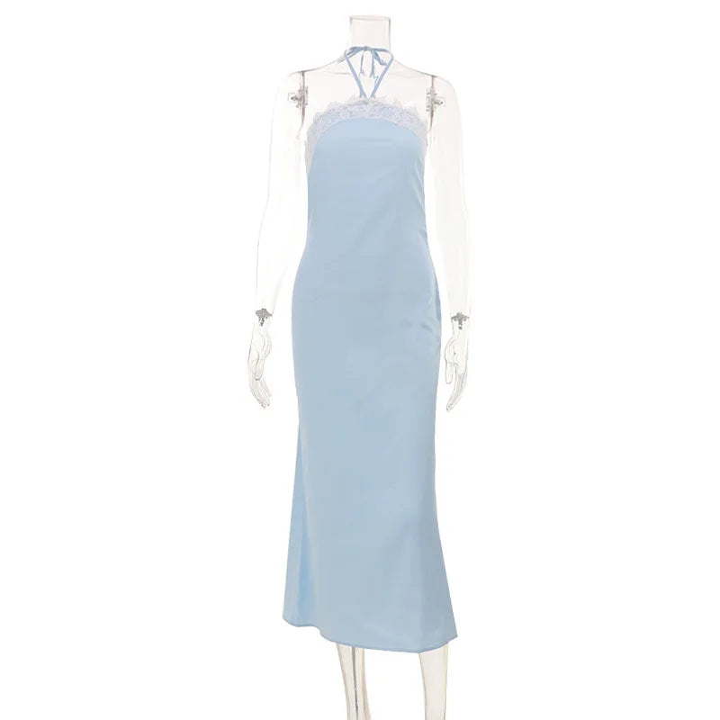 Summer Vacation Sexy Satin Halter Neck Slim Maxi Dress Casual Lace Up High Waist Lace Patchwork Dresses Female Chic Streetwear