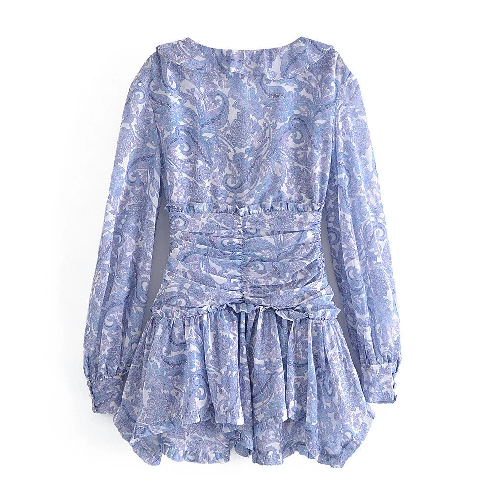 Boho Chic Floral Print Ruffle Mini Dress Women's Long Puff Sleeve V Neck Slim Fit A-line Party Dresses New Female Club Vestidos
