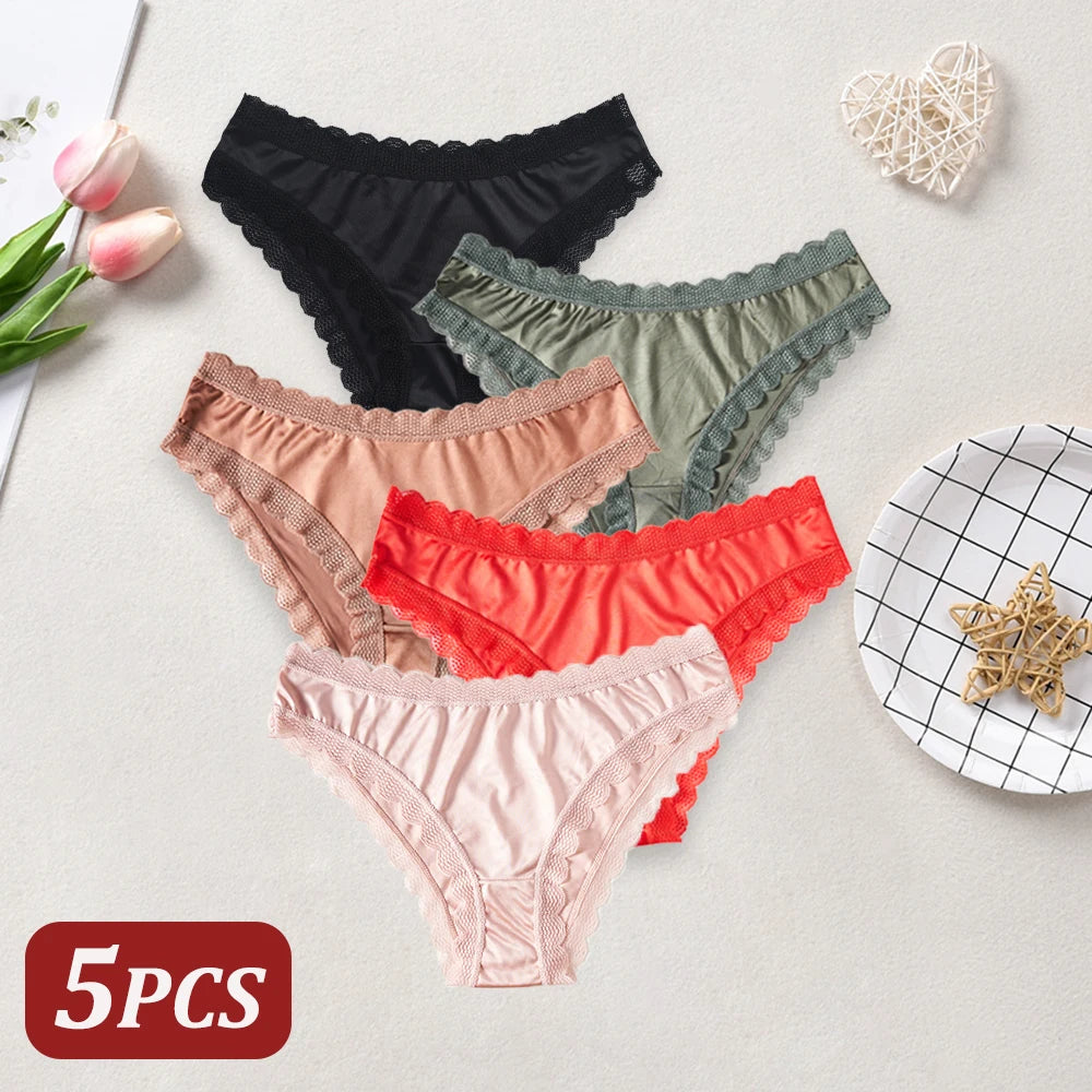 5PCS Women's Underwear Solid Color Seamless Satin Panties Simple Lace Trimmed Briefs Comfortable Female Lingerie Everyday