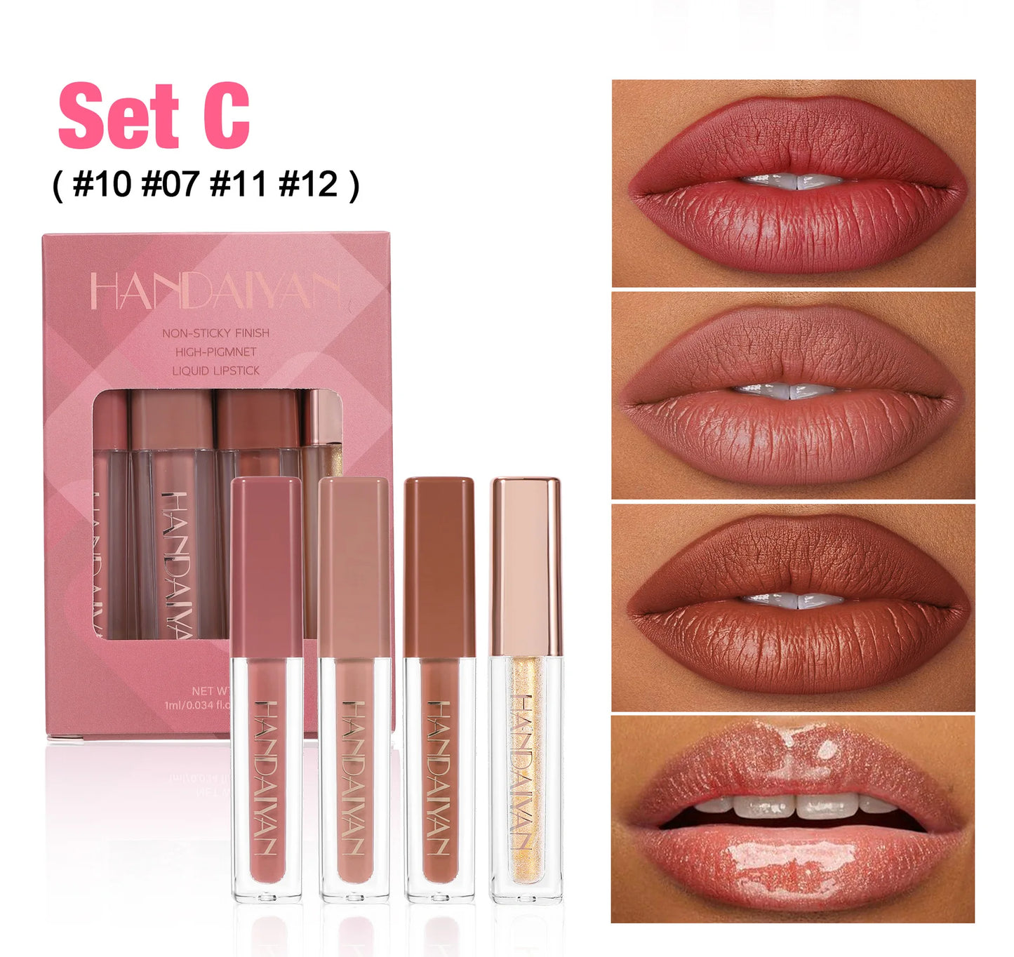4Pcs Non-Stick Cup Matte Finish Liquid Lipstick Kit Long-Lasting Waterproof Highly Pigmented Clear Lip Gloss Set for Gift Beauty