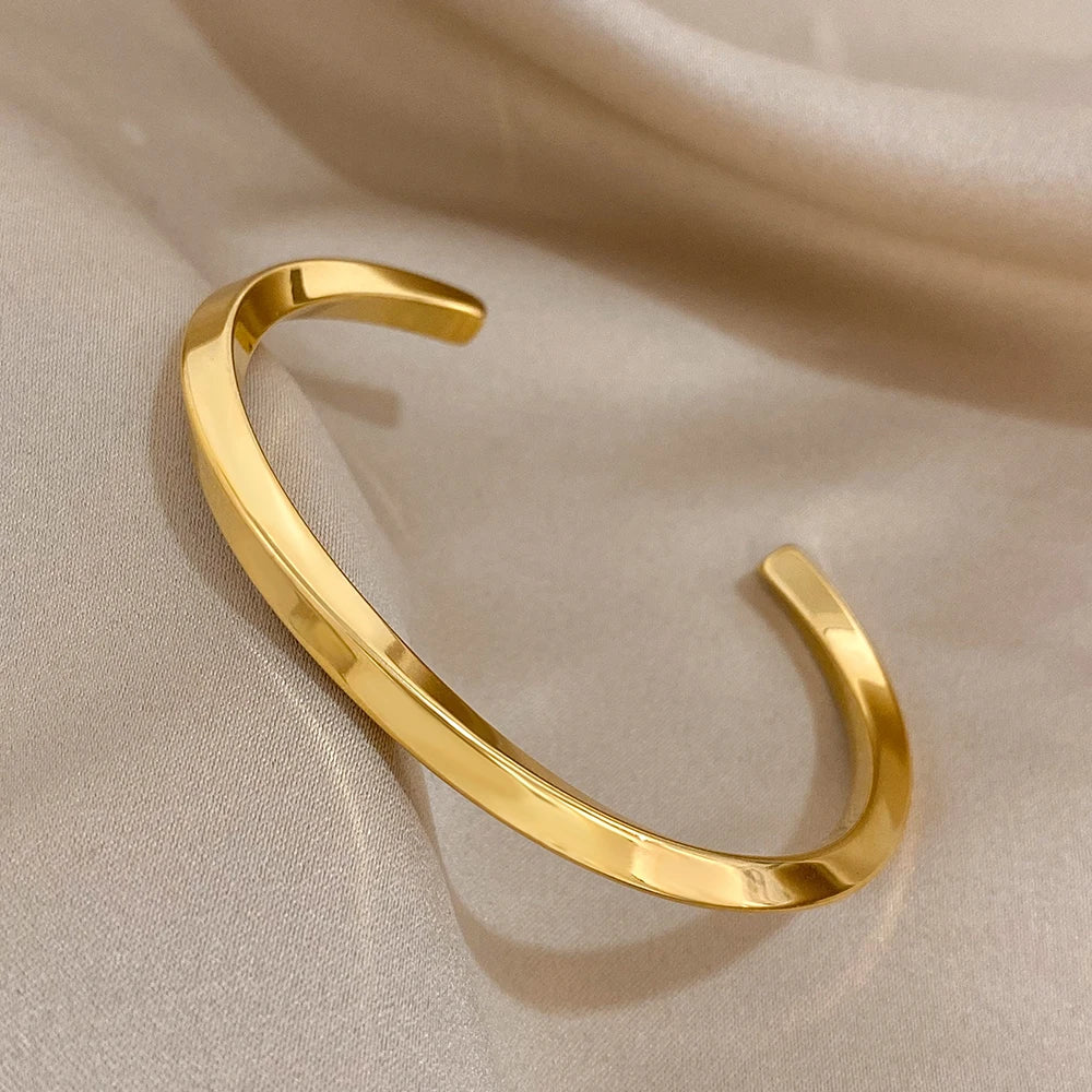 FLASHBUY Trendy Chic Gold Color Simple 316L Stainless Steel Bangles Bracelets for Women Charm Zircon Waterproof Jewelry Gift