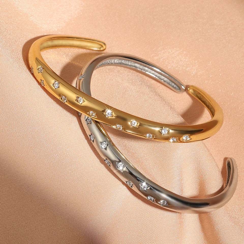ZAKOL Trendy Stainless Steel Five-pointed Star Zircon Inlaid Open Bracelet Versatile Non Fading Cuff Bangles Jewelry Gift