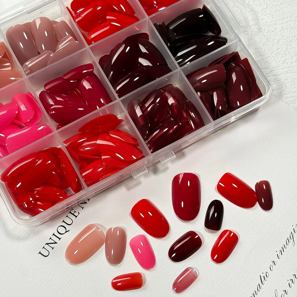 288Pcs Short Almond Full Cover Fake Nail Tips Extensions Red/Nude/Pink Stiletto False Nails for Women DIY Wearable Press on Nail