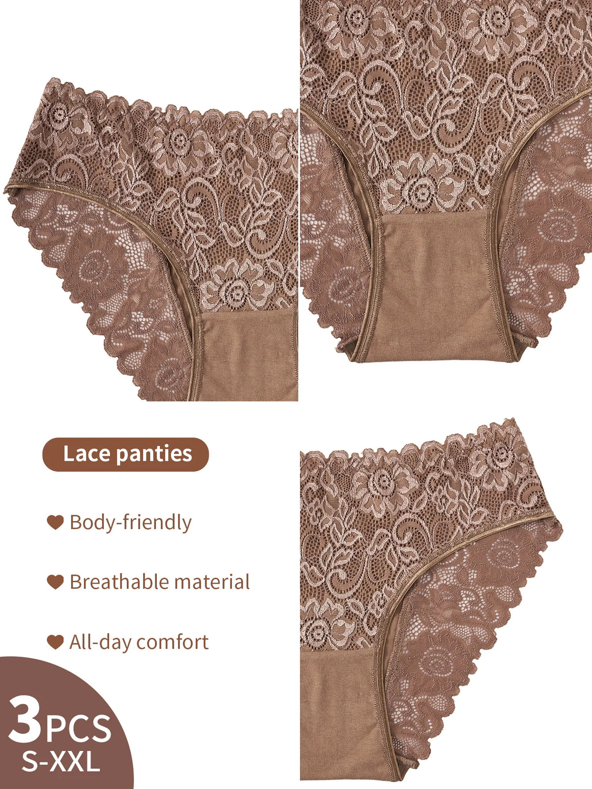 3PCS Semi-Sheer Elegant Lace Floral Design Women's Panties Solid Color Mid Waist Briefs Cotton Lingerie Comfortable Breathable