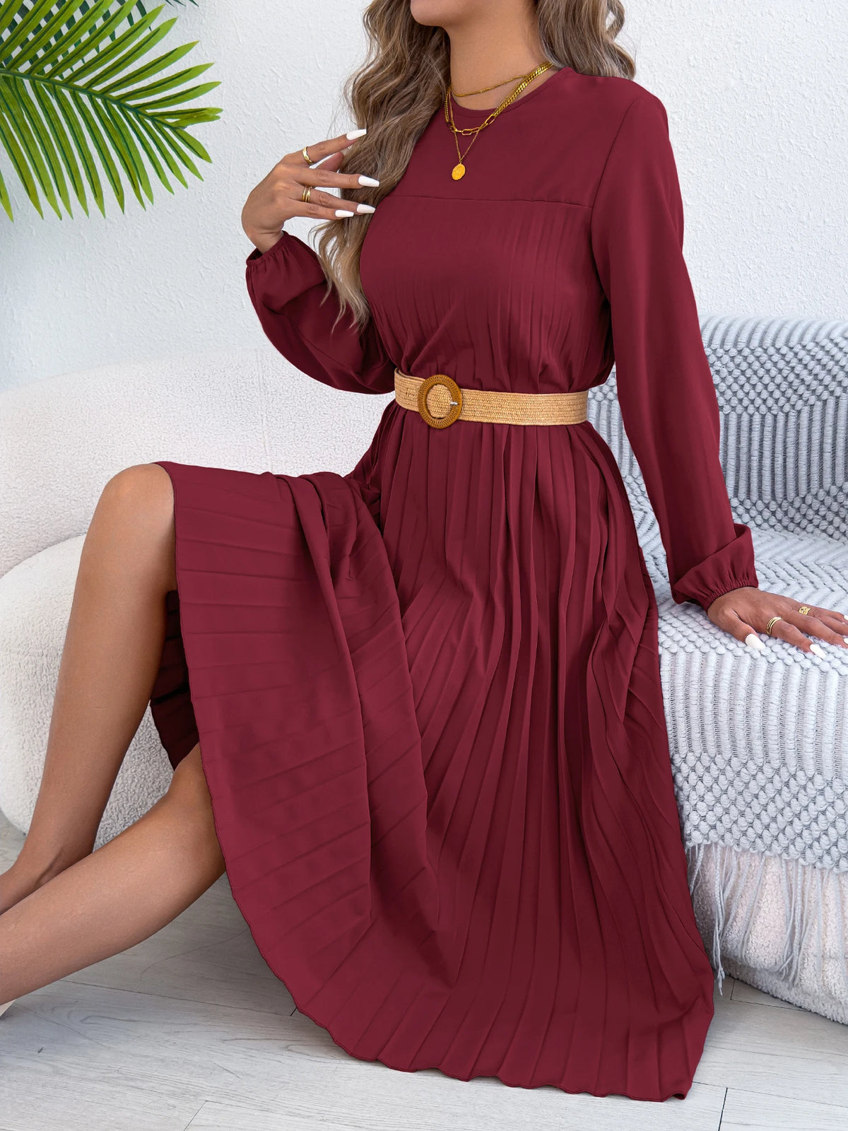 Women Elegant Dress 2026 Retro Solid Color Round Neck Long Sleeve Pleated Dress Without Belt 2026 Autumn Winter Khaki Green Red