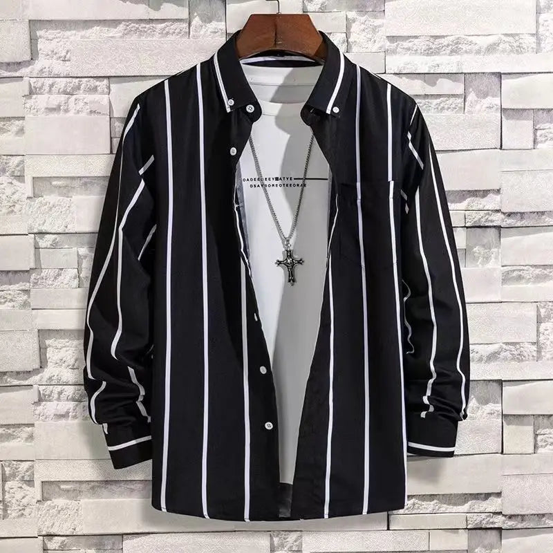 Mens Dress Shirts Striped Long Sleeve Plaid Checked Shirt Smart Casual Business Non-Ironing Korean Slim Fit Formal Blue White