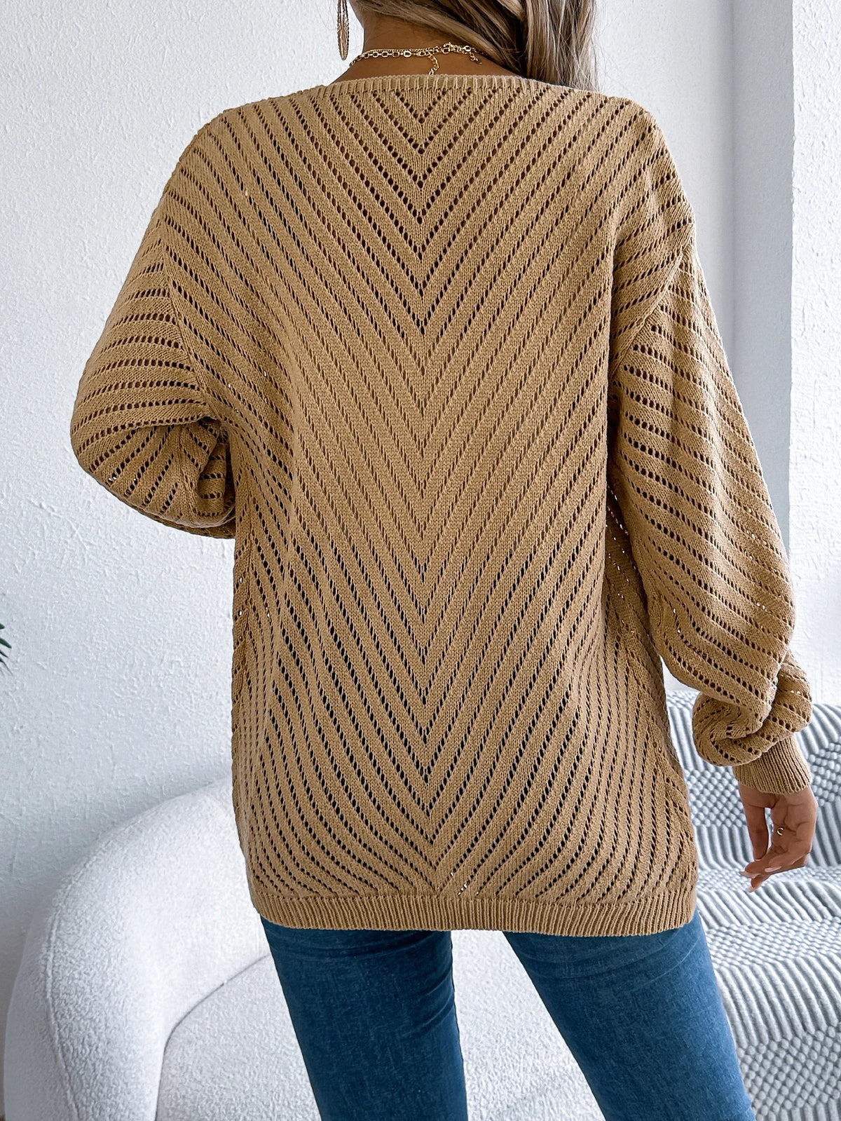 Women Solid Color Knitted Cardigan Sweaters 2026 Autumn Winter Casual Hollow Out Lantern Long Sleeve Coats Khaki White Black