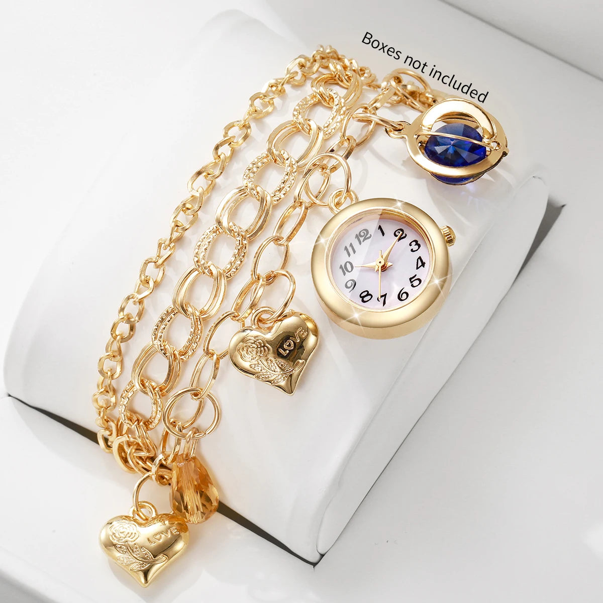 Fashion Women Gold Multi‑Layer Bracelet Watch Love Heart Blue Crystal Charm Quartz Wristwatch Relogio Feminino（Without Box）