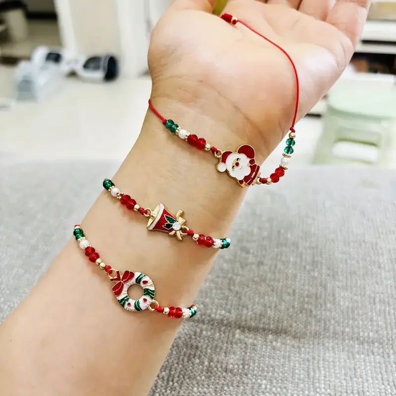 6/12pcs Christmas Santa Claus Reindeer Bell Snowman Christmas Tree Braided Adjustable Bracelet Couple Friendship Gift