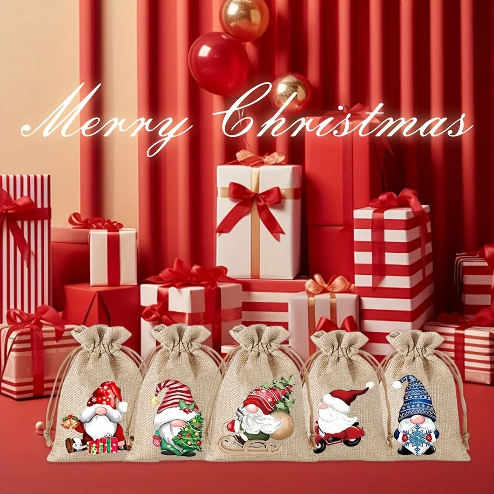 12Pcs Retro Red Truck Christmas Drawstring Pockets, Various Christmas Element Carriers, Painted and Printed Fabric Small Bags