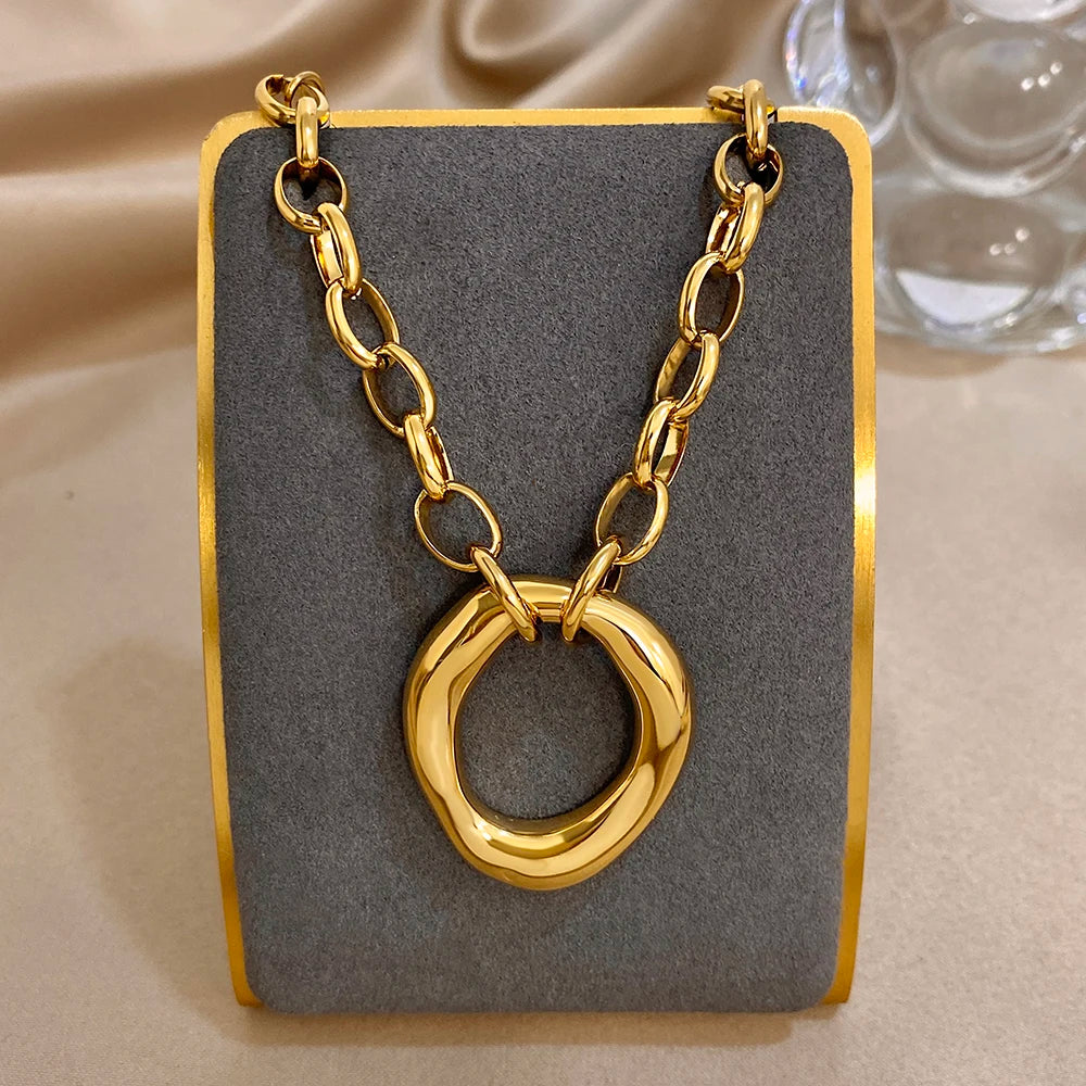 Golden 316L Stainless Steel Irregular Hollow Round Pendant Necklace for Women Statement Thick Chain High Quality Jewelry Gift