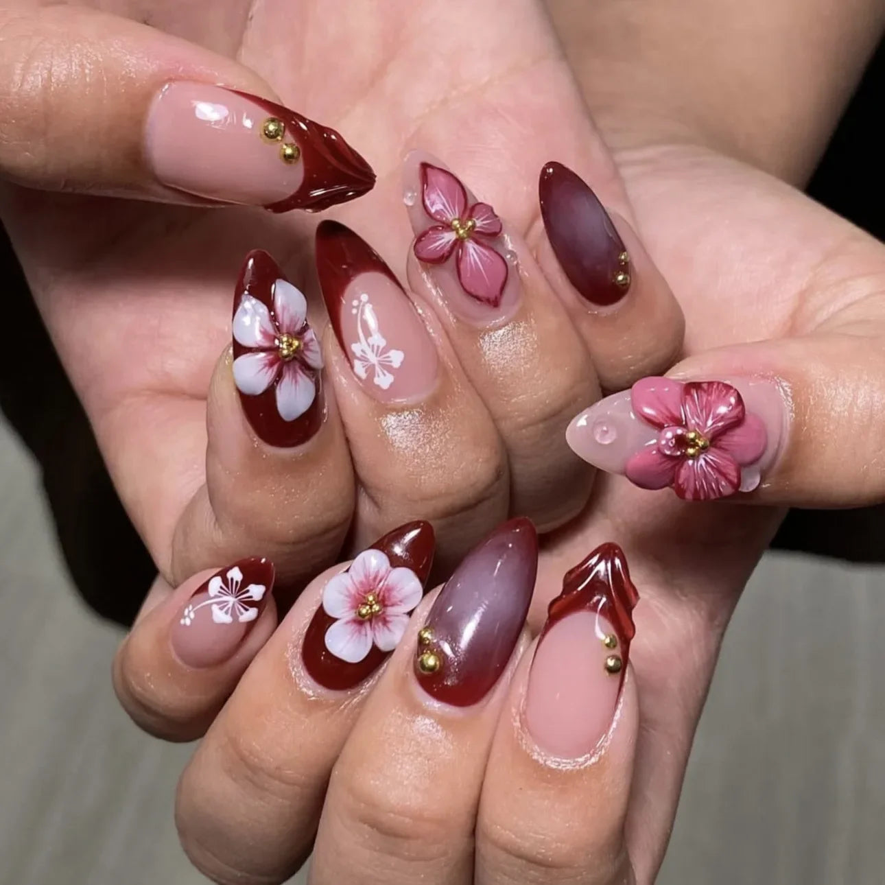 24PCS Pink Almond Press on Nails Full Cover Carved Flower 3D Ripples French Fake Nails for Women with Golden Pearl Wearable Nail