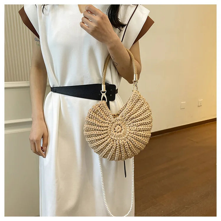 Handcrafted Shell Shaped Crossbody Bag Women's Beach Style Handbag City Simple Cotton Liner Soft round Shape Double Shoulder ...