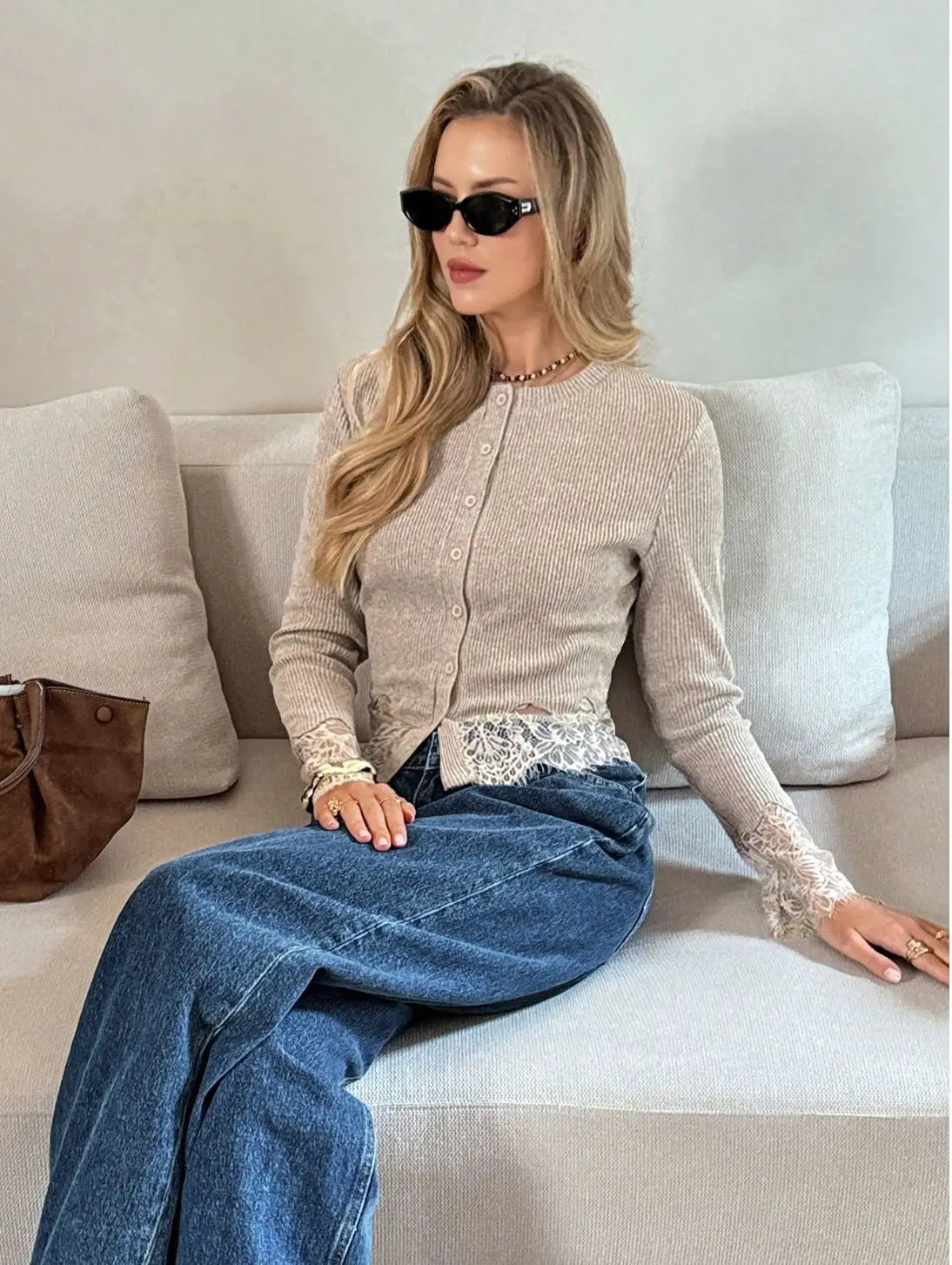 Women's Lace Patchwork Knitted Cardigan Casual O-Neck Hollow Out Long Sleeve Slim Fit Sweaters New Female Spring Autumn Knitwear