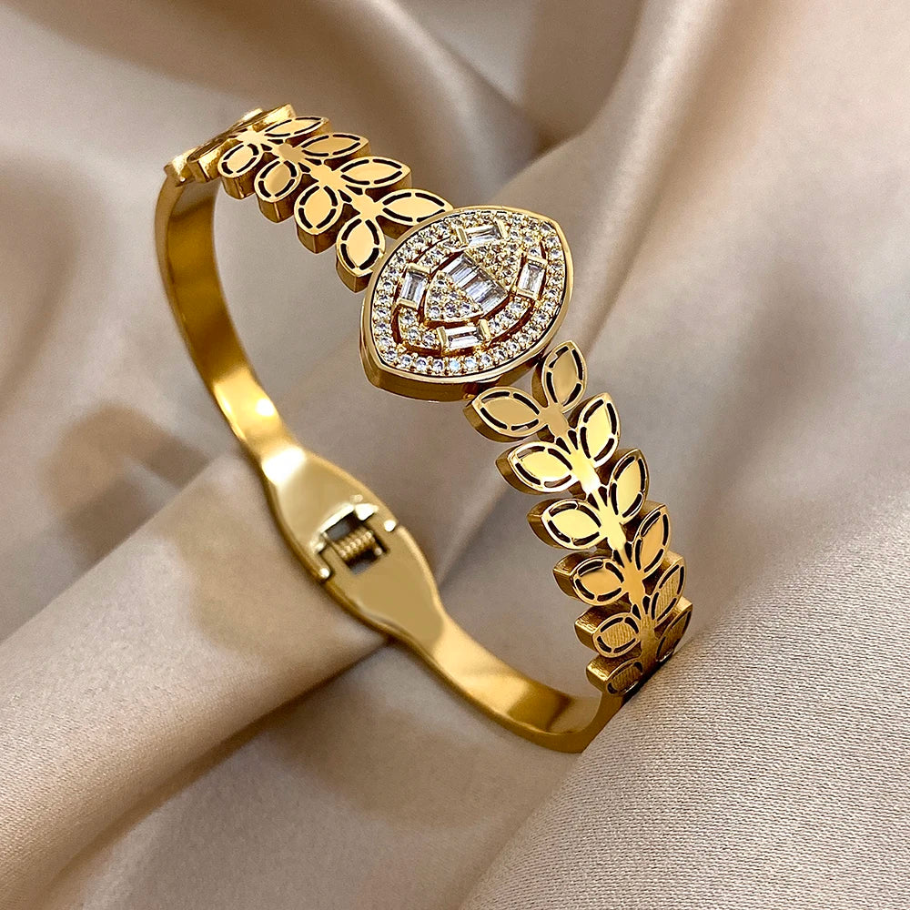 Flashbuy New Design Cubic Zircon Stainless Steel Bangles Bracelets for Women Geometric Gold Color Waterproof Fashion Jewelry