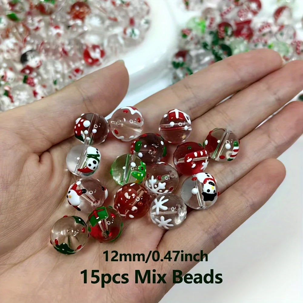 15Pcs 12mm Christmas transparent Glass Hand-drawn Spacer Loose Beads For Jewelry Bracelets Necklace Making DIY Accessories