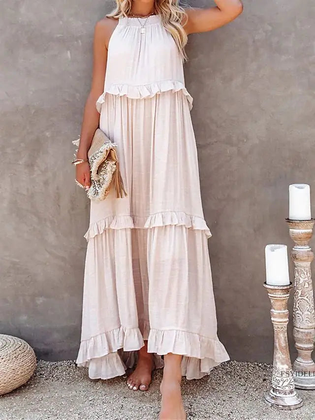 New Arrival Summer Vacation Halter Neck Long Dress – Backless Lace-Up Beach Style