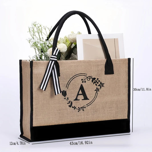 Personalized alphabet printed single shoulder linen men's bag large capacity handbag open handle handbag handbag