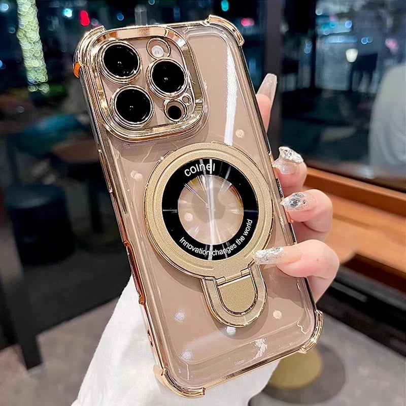 Luxury Plating Magnetic Bracket for Magsafe Clear Case for iPhone 17 16 15 Pro Max 11 12 13 14 Holder Stand Shockproof Cover