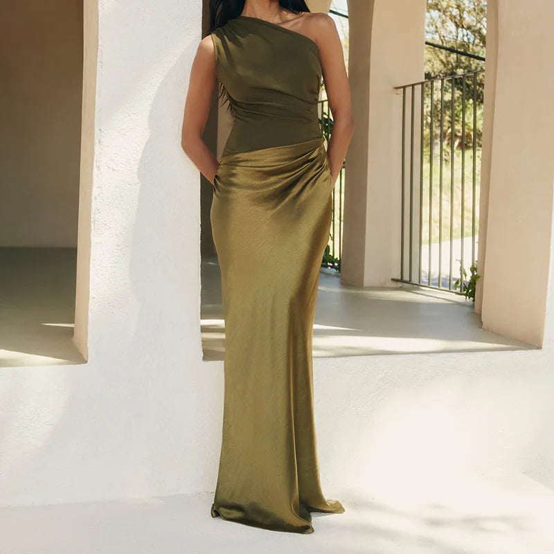Elegant One-Shoulder Patchwork Satin Party Dress for Women Irregular Neck Slim Sleeveless Dresses Female Evening Gowns Clubwear