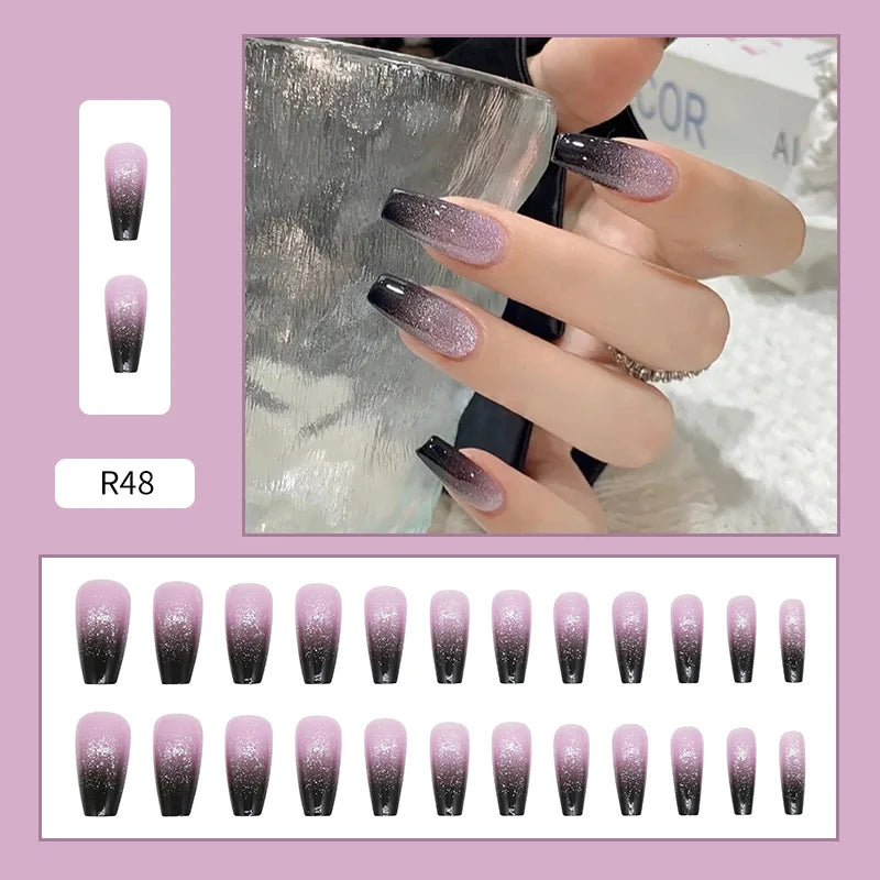 24pcs Galaxy Star Gradient Black Purple Nail Art Glitter Long Press on Nails with Charms Summer Korean Coffin False Nails Girls