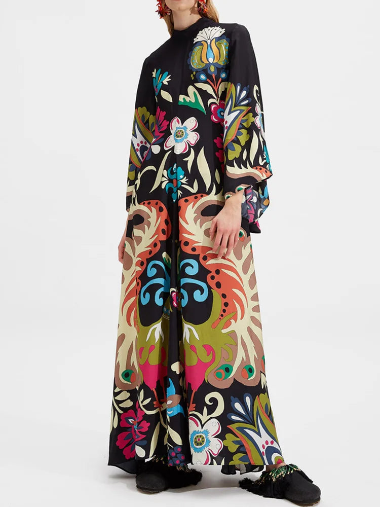Elegant Stand Collar Printed Dress – High Waist Long Sleeve Casual Party Wear | فستان نسائي أنيق بطبعة وياقة عالية – خصر مرتفع وأكمام طويلة لإطلالة كاجوال أو حفلات