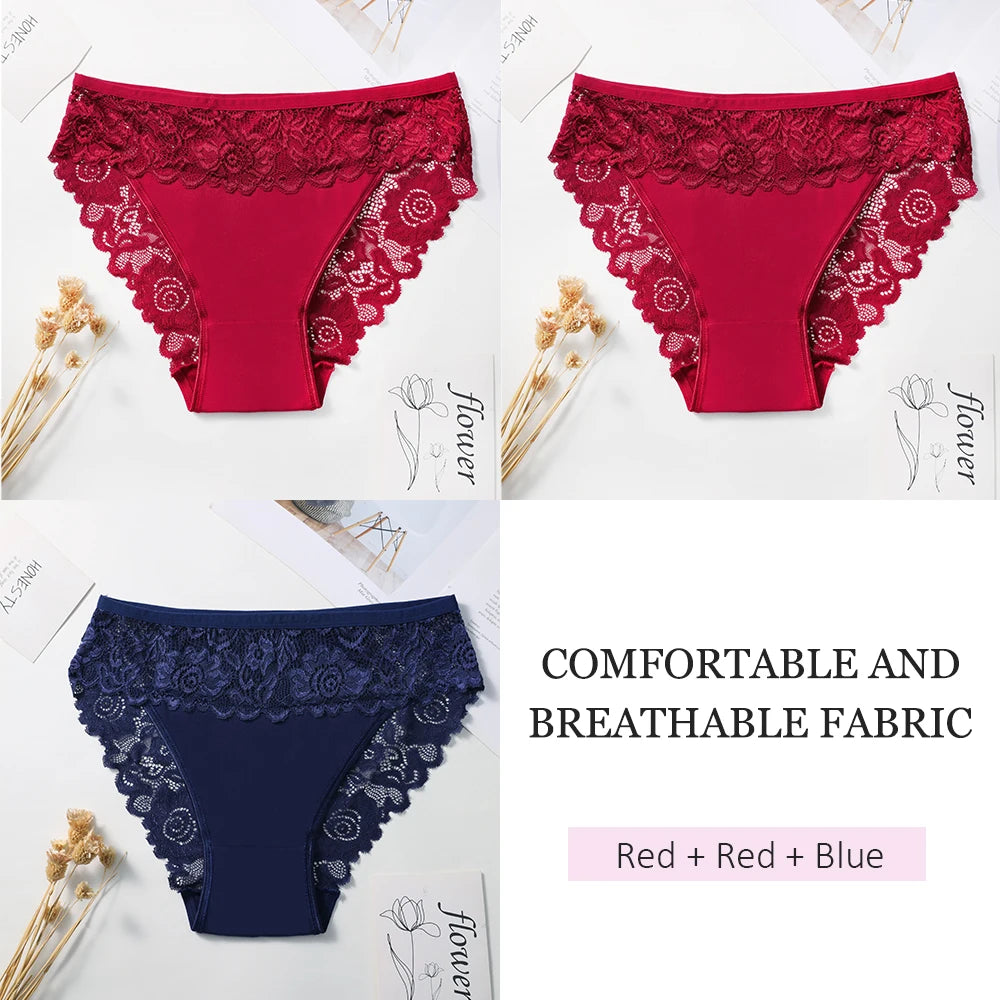3PCS Women's Panties Sexy Hollow Out Flower Lace Cotton Splicing Briefs Comfort Lingerie Breathable Underpants Daily Wear