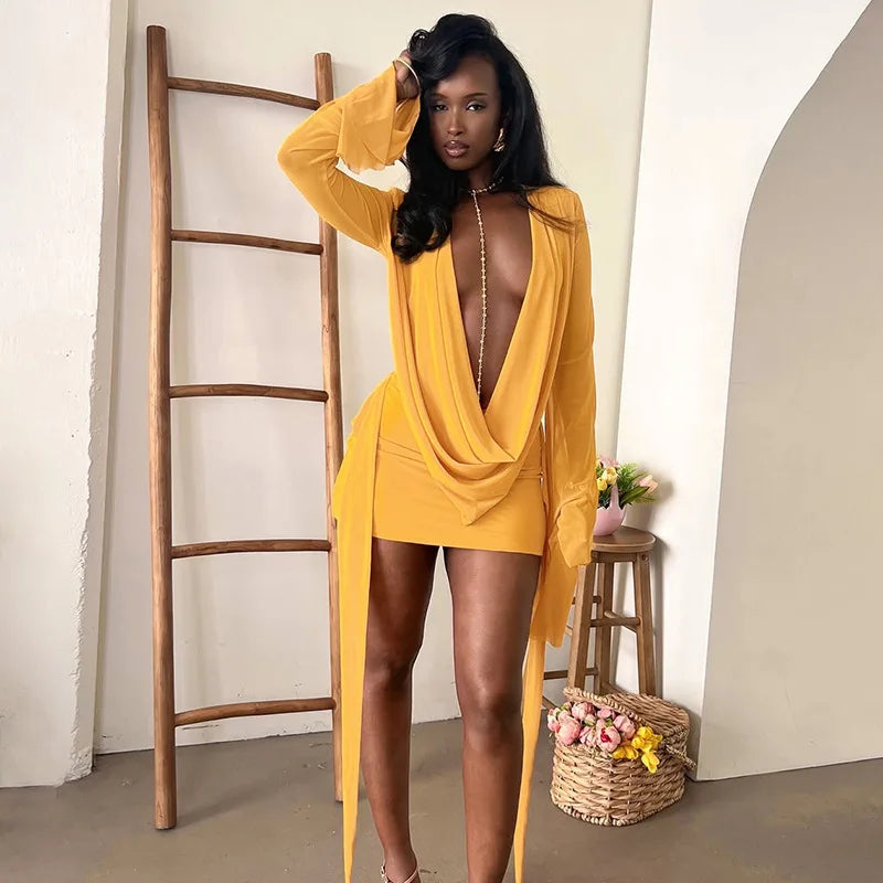 BKLD Solid Color 2026 New Women's Clothing Mesh Swinging Collar Long Sleeve Open Back A-line Short Dresses Party Clubwear