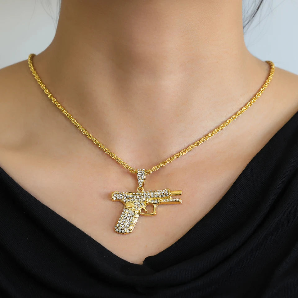 ZAKOL Hiphop&Rock AK47 Rifle&Gun Pendant Necklaces For Men Women Crystal Metal Clavicle Chain Choker Party Daily Jewelry Gifts