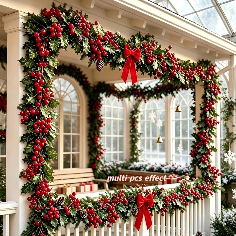 4Pcs 100cm Artificial Holly Berry Garland, Bendable Green Holly Leaf Red Berry Vine, Christmas Mantel Arch Stair Hanging Rattan