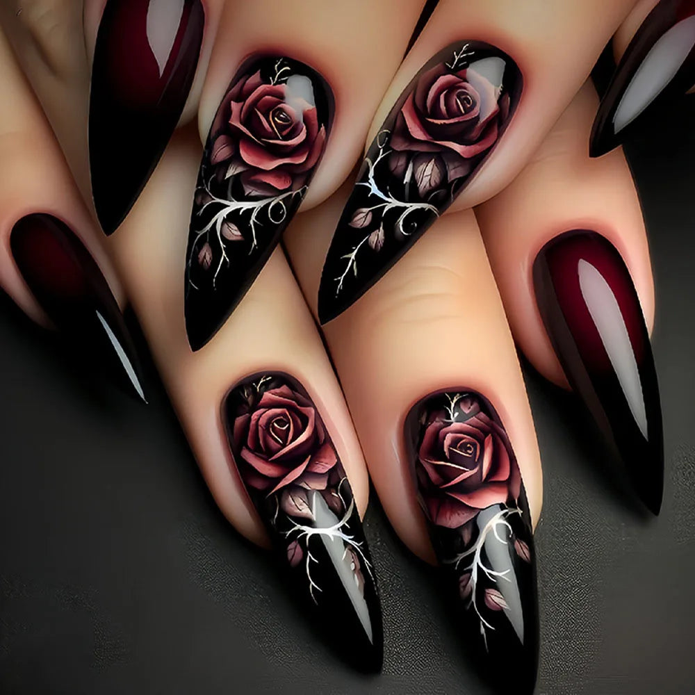 Medium long fake nails for women girl black red rose flowers for Valentine's Day waterdrop almond shape full cover press on nail