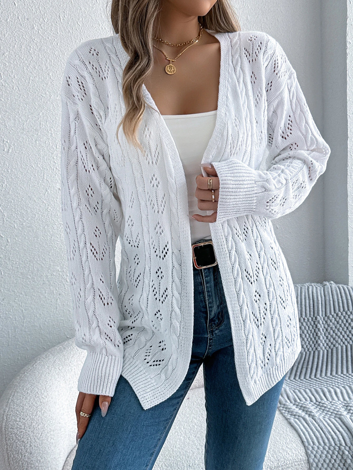 Women's Solid Color Hollow Out Knitted Cardigan Sweaters 2026 Autumn Winter Casual Lantern Long Sleeve Coats White Black Khaki