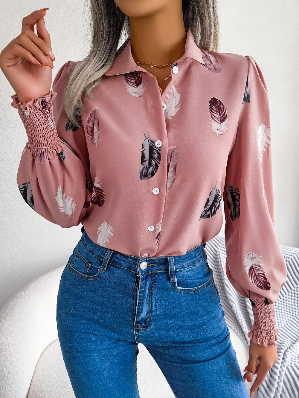 Women's Casual Feather Print Long Sleeve Office Lady Shirts for Autumn Turn Down Collar Buttons Woman Clothing White Pink Blue