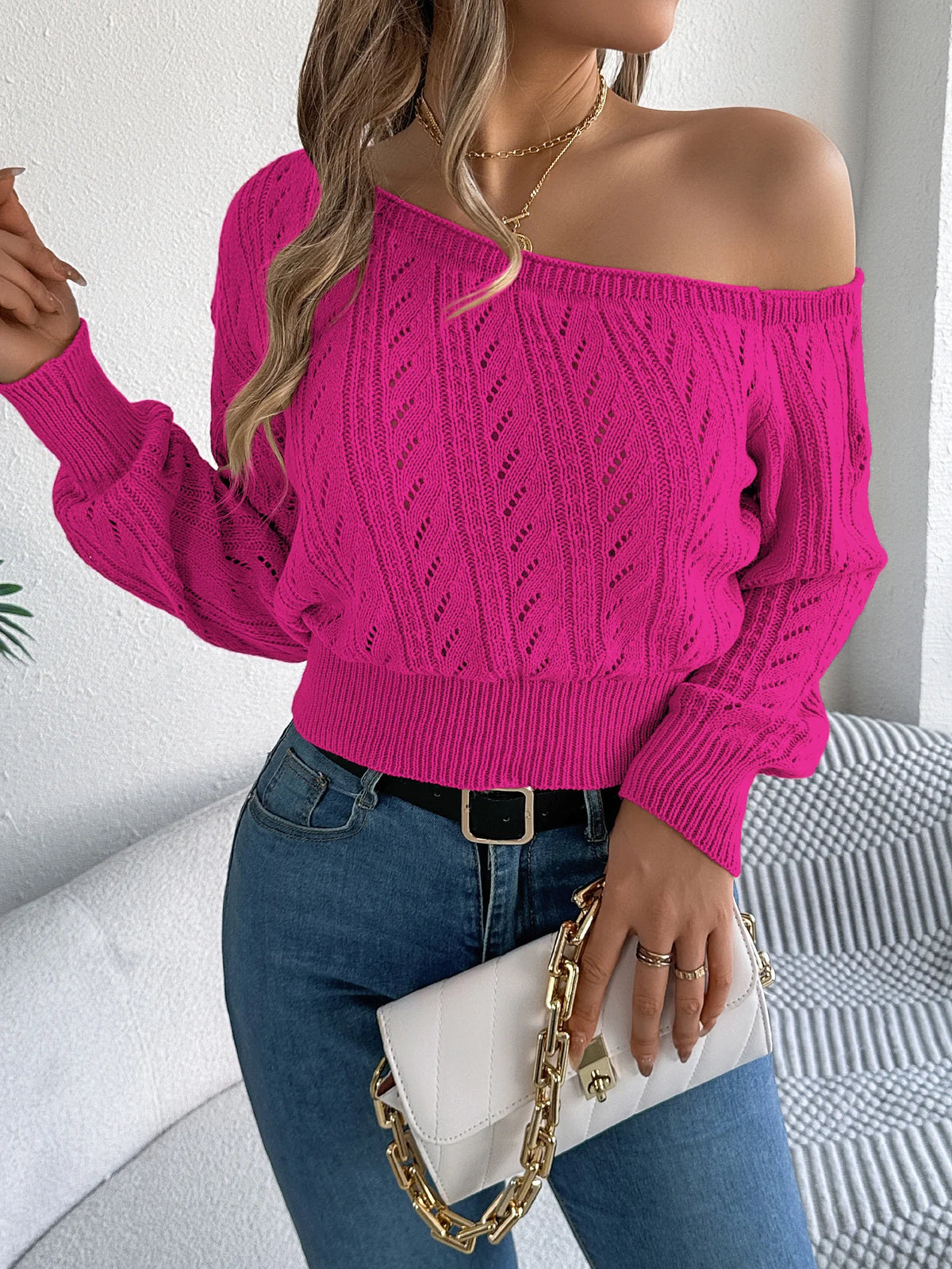 Autumn Winter Casual Elegant Slash Neck Off Shoulder Long Sleeved Knitted Pullover Sweater for Women