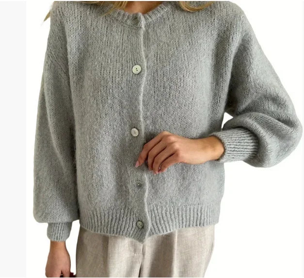 Women Mohair Knit Cardigan O Neck Elegant Lantern Long Sleeve Oversized Loose Fluffy Sweater Coat Autumn Winter Casual Knitwear