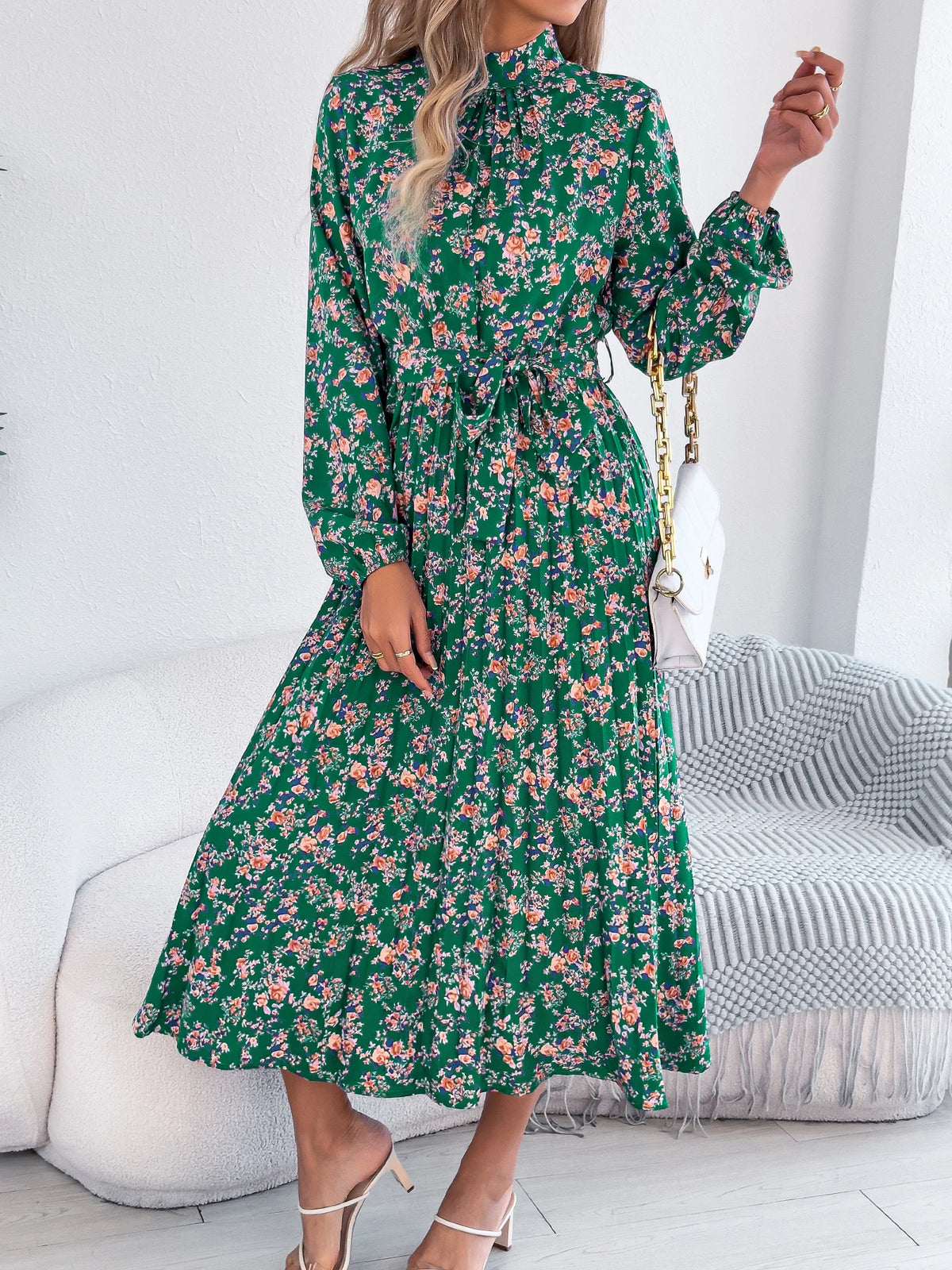 Floral Stand Up Collar Bridesmaid Dress 2026 Spring Autumn Elegant Long Sleeve Waist Cinching Pleated Dresses Woman Clothing