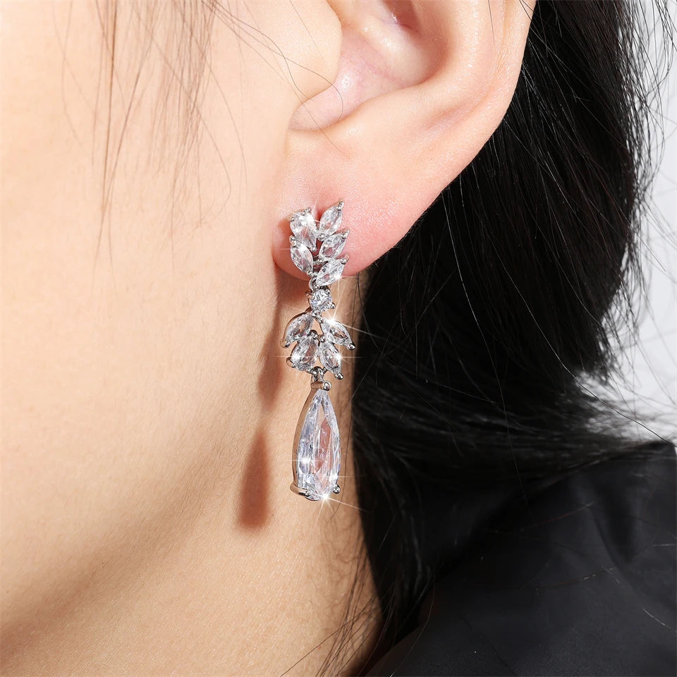 ZAKOL White Zircon Leaf Dangle Earrings for Women Shinny Water Drop Crystal Flower Pendant Earring Bridal Wedding Jewelry